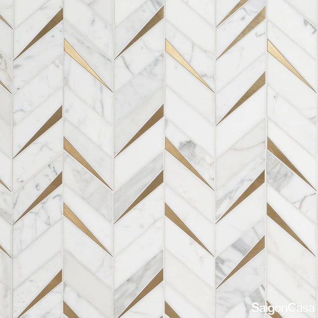 Mosaic Trang Trí Đá Marble & Kim Loại Carrara Chevron